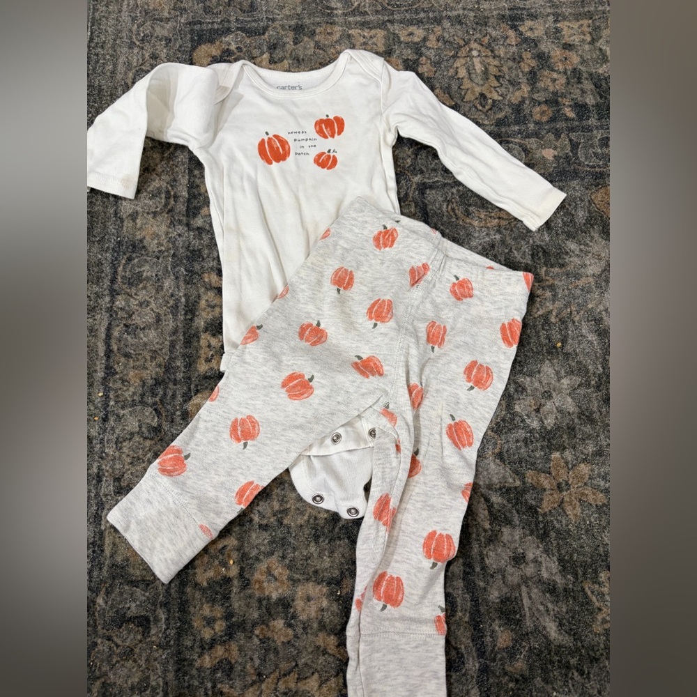 Carter's White & Heather Gray Pumpkin Print Bodysuit Set